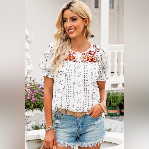 Whispering Winds Short Sleeve Embroidery Blouse - Picture 3 of 4